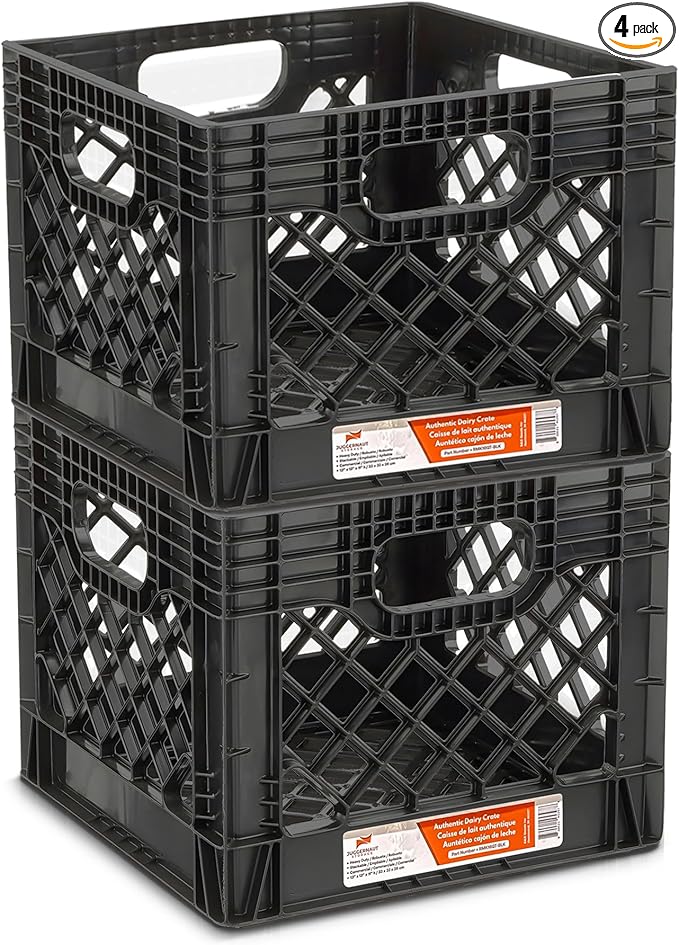 Juggernaut 16 Quart Storage Crate, Milk Crate Plastic Basket w/ 4 Handles, Organizer Bins for Office Storage & Classroom Organization, 4-Pack, Black
