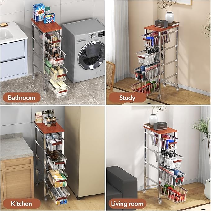 Ultra Slim 5-Tier Rolling Fruit & Vegetable Storage Cart with Removable Drawers, Narrow Metal Kitchen Organizer Cart on Wheels, Fruit Basket Stand & Fruteros para Cocina, Pantry Cart for Storage