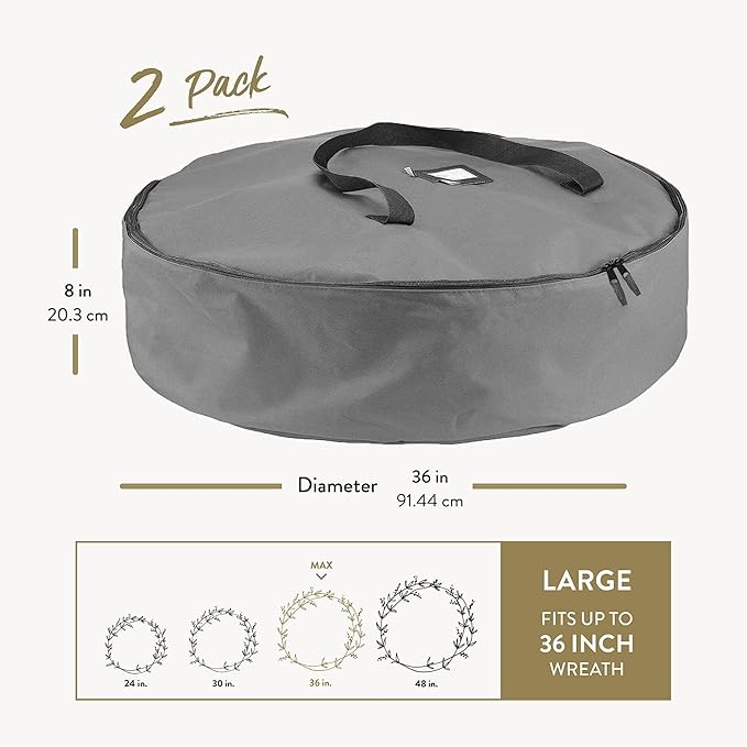 ZOBER 2 Pack Oxford Christmas Wreath Storage Container 36 Inch - Wreath Bag for Artificial Wreaths Box - Waterproof Fabric, Dual Zippered Wreaths Storage Bag With Strong Durable Handles - Gray