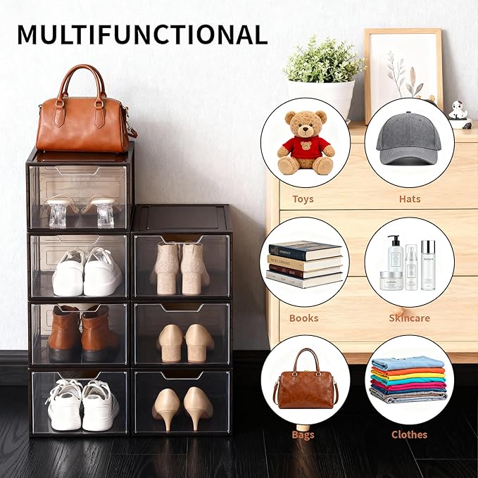 Shoe Boxes Shoe Storage Boxes Display Boxes with Magnetic Doors and Stackable Design, Ideal for Hallways, Under Beds, Wardrobes, and Living Rooms (Magnetic Door-Black, 6 Pack)