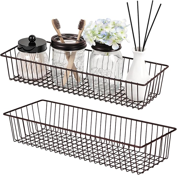 Farmhouse Decor Metal Wire Storage Organizer Bin Basket(2 Pack) - Rustic Toilet Paper Holder - Home Storage Organizer for Bathroom, kitchen cabinets,Pantry, Laundry Room, Closets, Garage (Bronze)