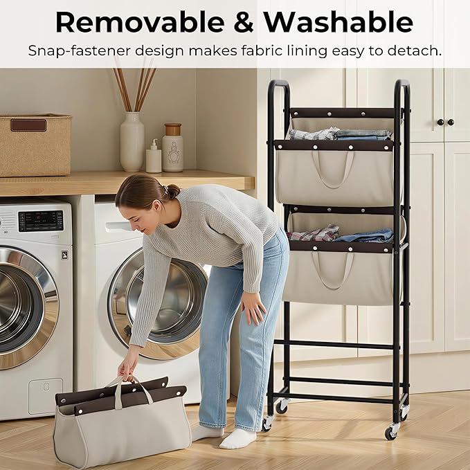 GRANNY SAYS 3 Tie Laundry Sorter, Laundry Basket with Wheels, Laundry Room Organization and Storage, 3 Section Rolling Laundry Cart for Dorm, Bathroom, Bedroom, Closet, Light Khaki
