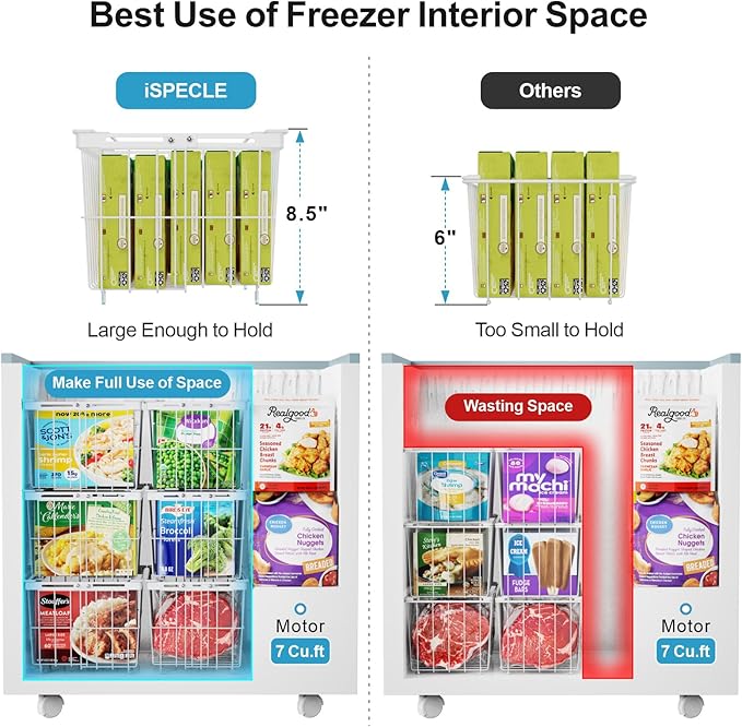 iSPECLE Freezer Organizer Bins - 3 Pack Adjustable Width for 5 to 7 Cu.Ft Chest Freezers, Stackable Freezer Wire Storage Baskets for Deep Freezer Organization, Assembly Required, White