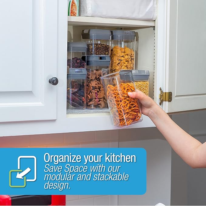 Set of 7 Airtight Food Storage Containers - Pantry Organizer Bins, BPA Free Plastic Containers plus Dry Erase Marker and Labels, Gray