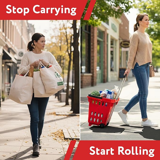 dbest products GoCart, Red Grocery Cart Shopping Laundry Basket on Wheels
