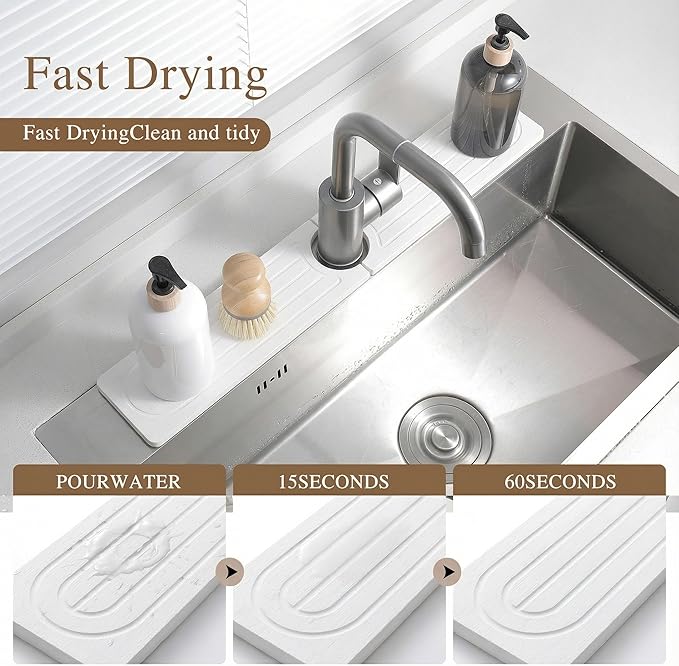 Faucet Mat for Kitchen Sink,Diatomite Fast Drying Stone Sink Tray,Faucet Splash Guard for Bathroom Counter [23.6"x4"],Super Absorbent, Prevents Moisture Buildup