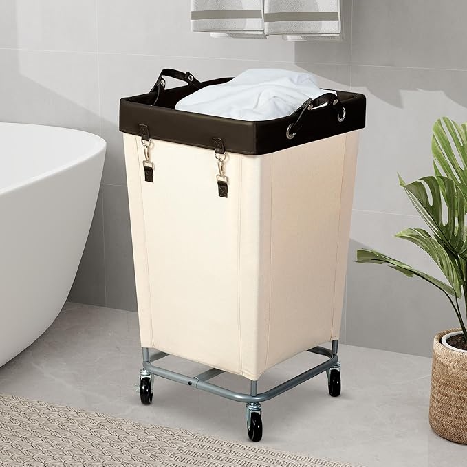 STO STO Laundry Hamper with Wheels, 160L Rolling Laundry Sorter Cart with Heavy Duty Steel Frame, Large Clothes Hamper with Handles for Bedroom, Bathroom, Laundry Room, Beige and Brown