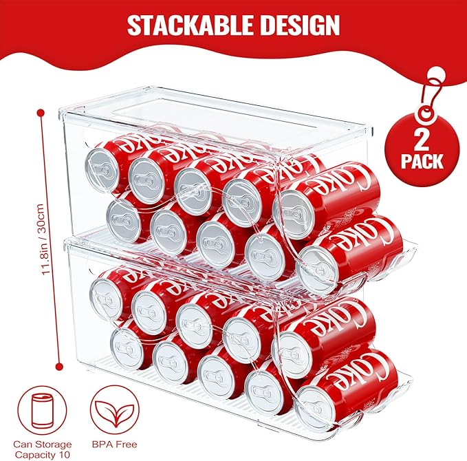 2 Pack Stackable Refrigerator Organizer, Soda Can Dispenser Pop Cans Container Beverage Holder with Lid for Fridge, Freezer, Kitchen, Clear Plastic Storage Bins-Holds 10 Cans Each