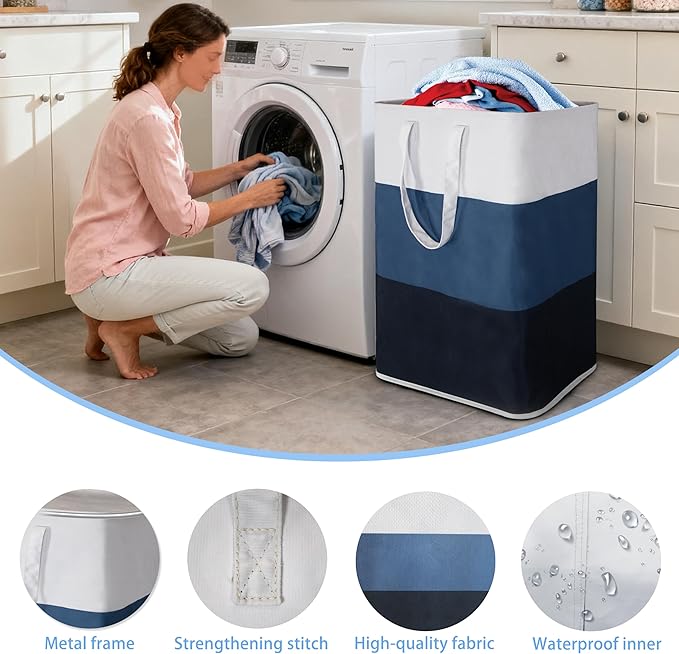 Stylish Freestanding Laundry Hamper with Portable Handles,72L Foldable Laundry Basket with Waterproof Liner,Bathroom Dirty Clothes Hamper,Multi-purpose Storage Bag Space-saving for Home,Dorm,RV(Blue)
