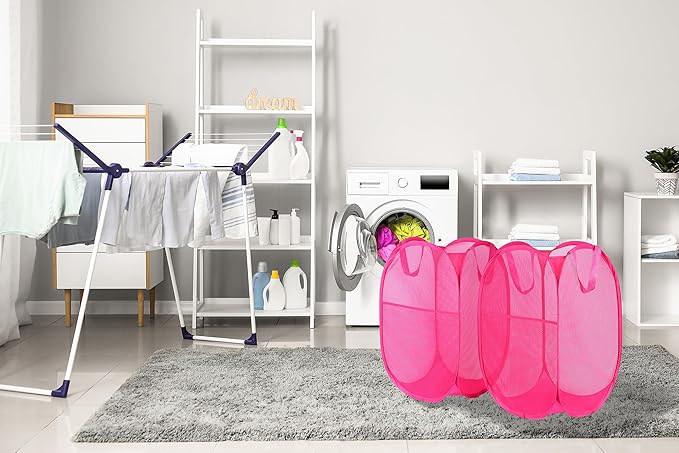 2 Pack Laundry Basket,Foldable Mesh Pop-up Laundry Hamper with Durable Handle,Easy to Open and Fold for Dorm, Laundry Room, Bedroom, RV… (Rose Red+Rose Red)