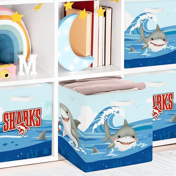 Clastyle Ocean Animals Storage Cube Organizer Set Foldable Closet Clothes Cube Storage Bin Storage Box Chest Book Shelf Basket,Shark,11.8x11.8x11.8 in