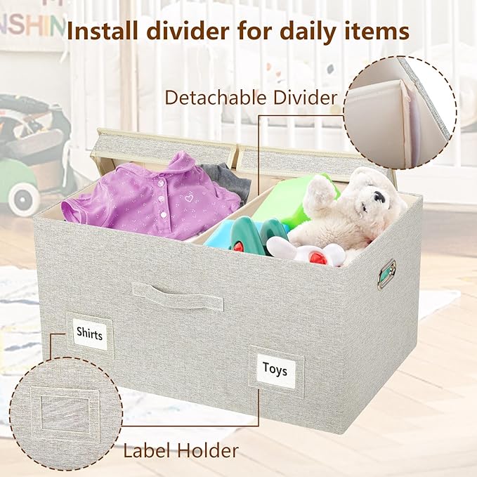 Graciadeco 75 Quarts Extra Large Decorative Storage Bins with Lids, 3 Packs Beige Collapsible Storage Bins with Lids, Stackable Storage Bins Decorative Box Storage With Lid Extra Large