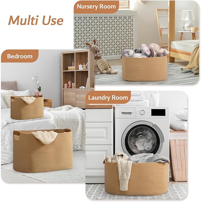 danpinera 108 L Blanket Basket for Living Room, Toy Basket With Leather Handle, Large Storage Bins for Toys, Pillows, Clothes, Rectangle Large Cotton Rope Basket, 25’’*16’’*16’’ Jute