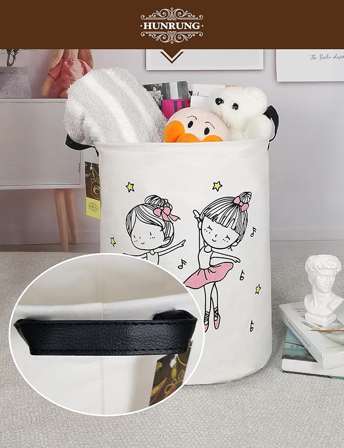 HUNRUNG Laundry Hamper,Large Canvas Fabric Lightweight Storage Basket Toy Organizer Dirty Clothes Collapsible Waterproof for College Dorms, Children Bedroom,Bathroom（Round-Dancing girl）