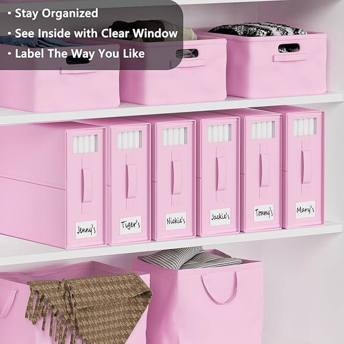 SheetCube Bed Sheet Organizers and Storage 6 Pack, Foldable Linen Closet Organizer with Window and Label, Bedding Folder Storage Box Container for Blanket, Duvet Cover Set, Bed Sheet Set - Pink