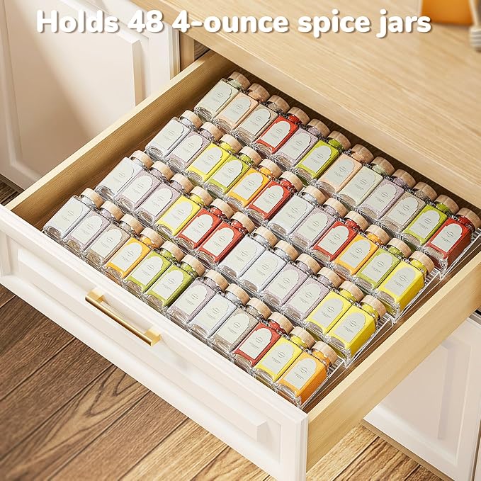 2-Tier Spice Drawer Organizer 4 Pack, Expandable from 11" to 22" Clear Acrylic Spice Rack for Drawer, Seasoning Organizer Holds Up to 48 Jars for Kitchen Spice Organization(Jars Not Included)