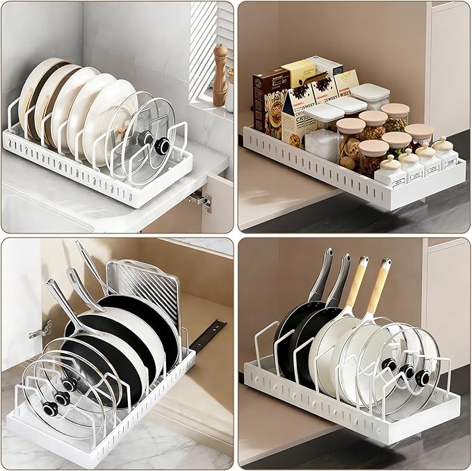 Pot and Pan Organizer under Cabinet Pull Out,Pot Lid Holder for Kitchen, Cookware Storage Rack with Slide Rails,Slide-out Drawer, White