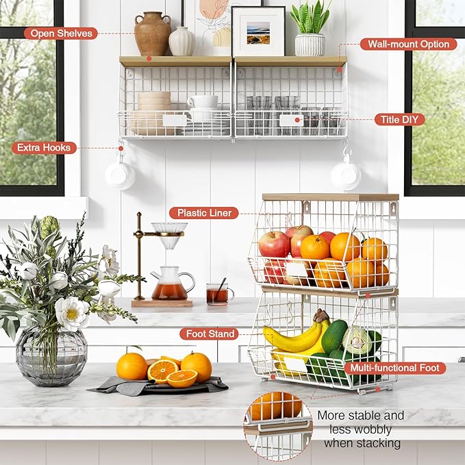 White Fruit Storage Basket for Kitchen Counter Set of 2, Wall Mount Wire Fruit Basket with Shelf with Banana Hanger, Hanging Countertop Organizer for Bathroom Pantry Cabinet, White + Natural