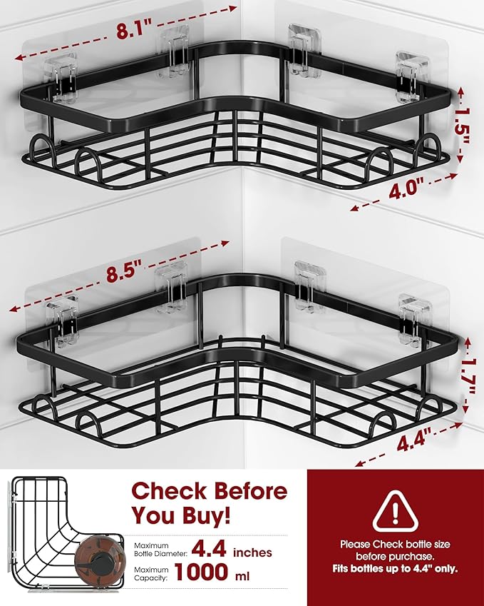 Corner Shower Caddy - 2 Pack, Adhesive Shower Organizers, Rustproof Stainless Steel Shower Shelves with 8 Hooks, No Drilling Bathroom Organizers and Storage Racks, Space-Saving, Black, Medium