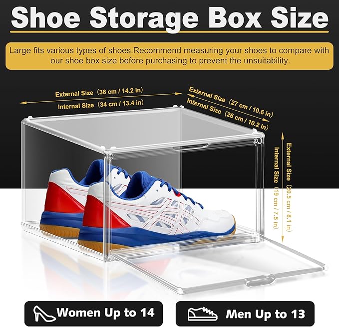 1 Pack Plastic Shoe Storage Boxes Fit US Size 13, Clear Stackable Shoe Display Case with Acrylic Magnetic Side Door, Shoe Containers for Sneaker Storage, Hats, Figure, Collectible, Book, Clothes