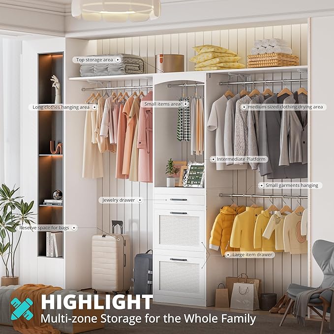 Walk in Closet Organizer System - with Drawers, 8FT Walk in Closets Organizer with Jewelry Box, 96” Wooden Storage Systems with 3 Hanging Pods, Built-in Garment Rack for Bedroom