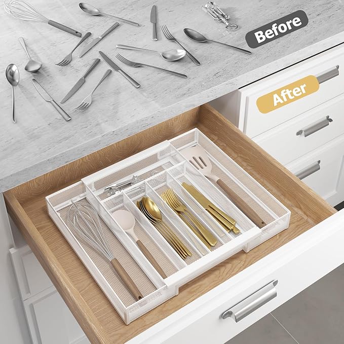 Silverware Organizer Metal Mesh, Drawer Organizer, Utensil Cutlery Tray for kitchen drawers,Expandable Flatware Organizer with 7 Compartment White 9.6"~16.1" x 13.8"