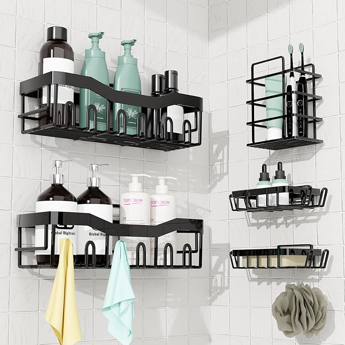 GD Adhesive Shower Caddy 5 Pack – Rustproof Stainless Steel No-Drill Bathroom Organizer Shelves with Large Capacity, Waterproof Storage Racks for Shower, Kitchen, Dorm, Apartment, and Home