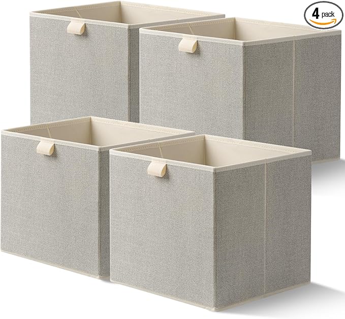 Storage Baskets, 11.8-Inch Woven Fabric Bins, Storage Cubes with Reinforced Handles, Organizer Bins for Closet Shelves, Foldable, for Toys, Clothes, Natural Beige (4PCS/Beige-11.8*11.8*11.8inch)