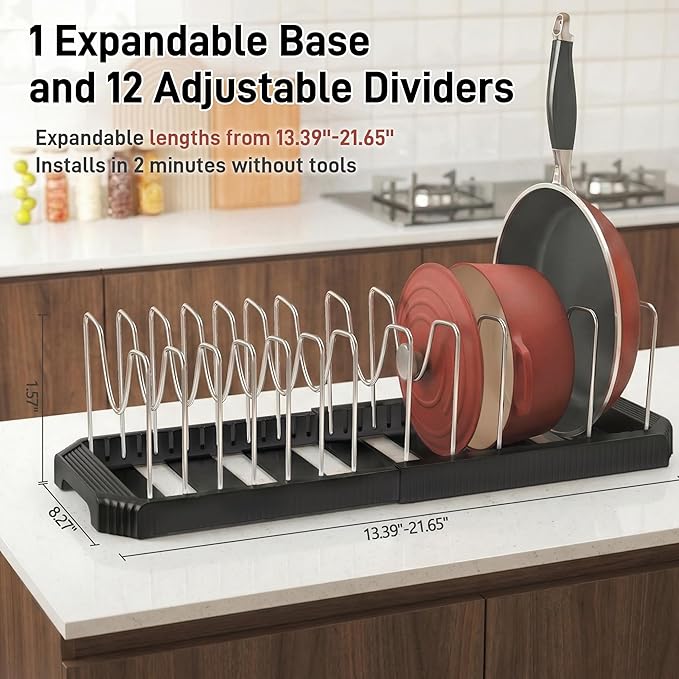 Pots and Pans Organizer for under Cabinet, Pan Pot Organizers inside Cabinet, Expandable Organizer with 12 Adjustable Dividers for Cookie Sheets, Cutting Boards, Pot Lids, Cookware - Pan Rack, Black