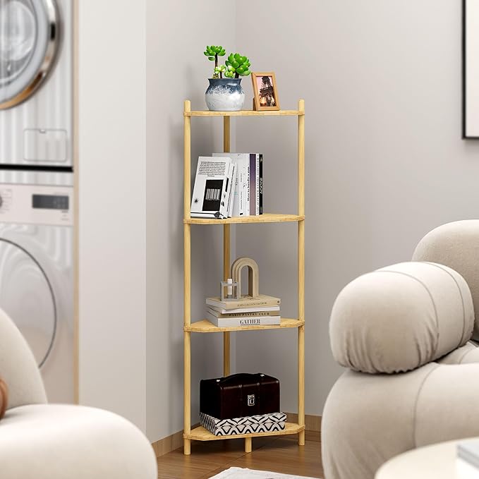 Corner Shelf Stand - 4 Tier Bamboo Small Corner Bookshelf for Office Kitchen Bedroom Plant Stand Living Room Decor Small Space (Natural, 4 Tier)