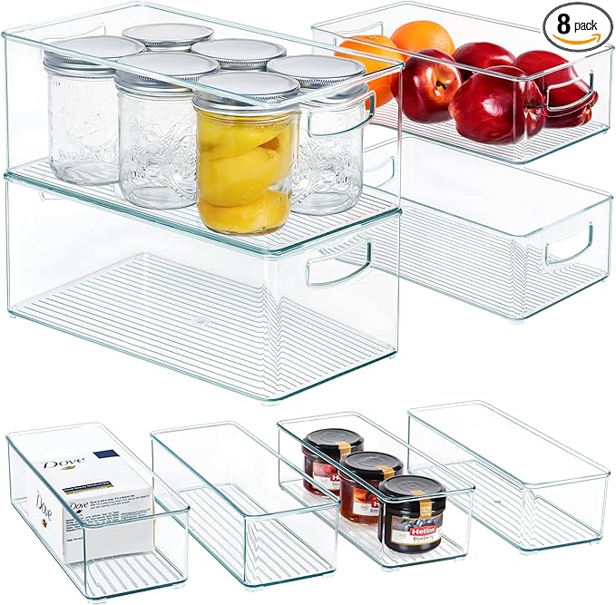 Hudgan 8 PACK Stackable Pantry Organizer Bins (3 sizes) - Clear Fridge Organizers for Kitchen, Freezer, Countertops, Cabinets - Plastic Food Storage Container with Handles for Home and Office