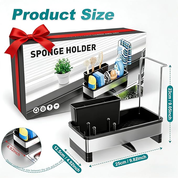Ewaiira Stainless Steel Sink Caddy, Sponge Holder for Kitchen Sink with Brush Holder & Dishcloth Rack, Rustproof Sink Organizer Countertop, Soap Dispenser Kitchen Organizers Storage Essentials, Black