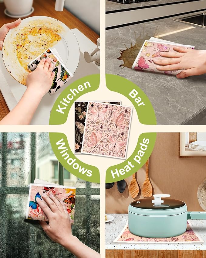 8 Pack Reusable Kitchen Swedish Dishcloths for Washing Dishes Cloths Absorbent Fast Drying Cleaning Sponge Cute Decorate Washable Swedish Towels, Butterfly