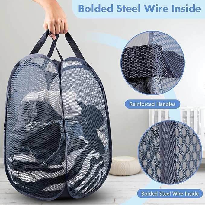 DUCOO Pop Up Hamper, 2 PCS Mesh Pop Up Laundry Hamper, Foldable Mesh Laundry Basket with Space Saving Design for Home, Dorm, Travel and Storage, Blue