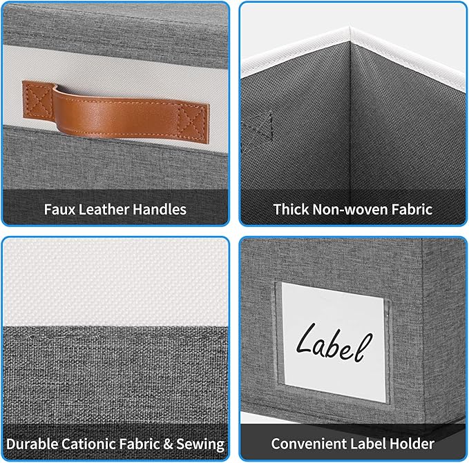 GhvyenntteS Extra Large Storage Bins with Lids 6 Pack, Foldable Fabric Storage Boxes with Lids and 3 Leather Handles, Storage Baskets with Label Window (Grey, 15.75" x 11.8" x 10.2")