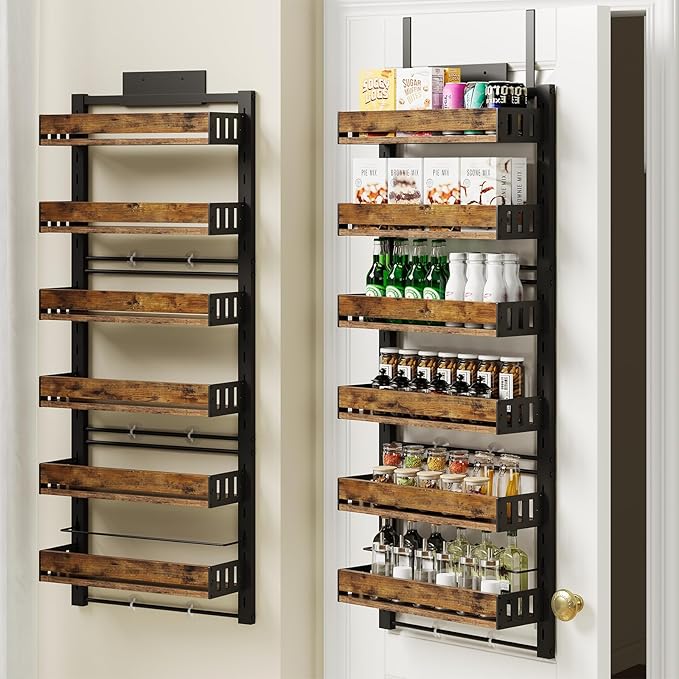 HOOBRO Over the Door Pantry Organizer, 6-Tier Hanging Spice Rack with Adjustable Shelves for Kitchen, Bathroom and Closet Storage, Door/Wall Storage Organizer, Rustic Brown and Black BF60TL01