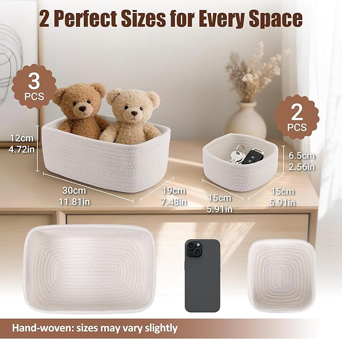 5-Pack Small Woven Rope Storage Baskets – 2 Sizes Organizer Bins for Closet, Shelf, Bookshelf, Nursery, Changing Table, Fabric Cube Boxes, Rectangular Shallow Bins for Bathroom, Toy & Home
