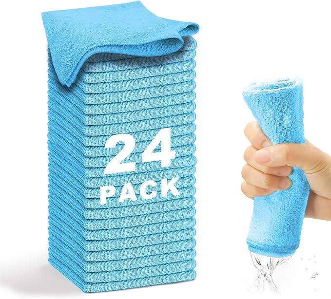 WEAWE Microfiber Cleaning Cloth-24Pcs (13x13 inch) Ultra Soft Highly Absorbent Rags for Housekeeping-Machine Wash (Blue)