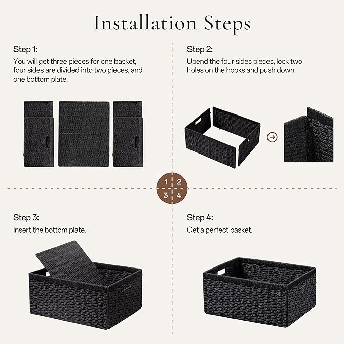 UBBCARE 2 Pack Wicker Basket, 16.5L×13H×7.5W inch Woven Paper Rope Storage Baskets for shelves, Foldable Rectangular Storage Baskets with Handle, Storage Basket for Organizing, Black