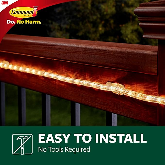 Command Outdoor Rope Light Clips, 12 Hooks and 16 Command Strips, Damage Free Hanging Christmas Decorations with Weather Resistant Strips, Wall Clips for Hanging Outdoor Lights and Cable Management
