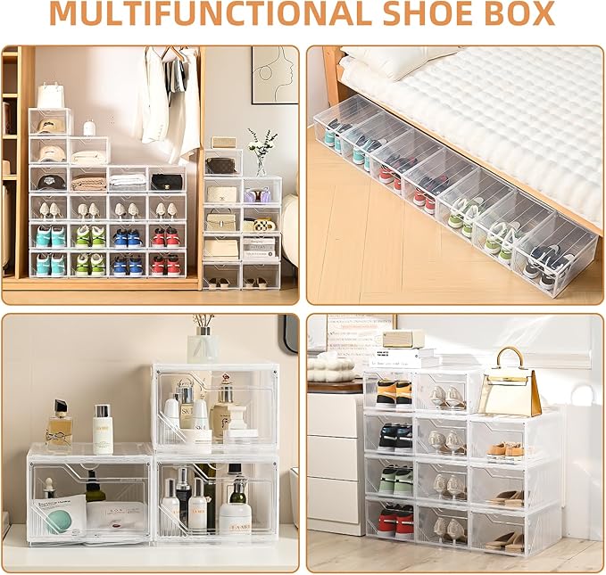 Large Shoe Boxes Clear Plastic Stackable，Drop Front Shoe Box with Clear Door, Shoe Containers For Sneaker Display,Fit up to US Size12 (white clear-Conjoined structure, 10 pack)