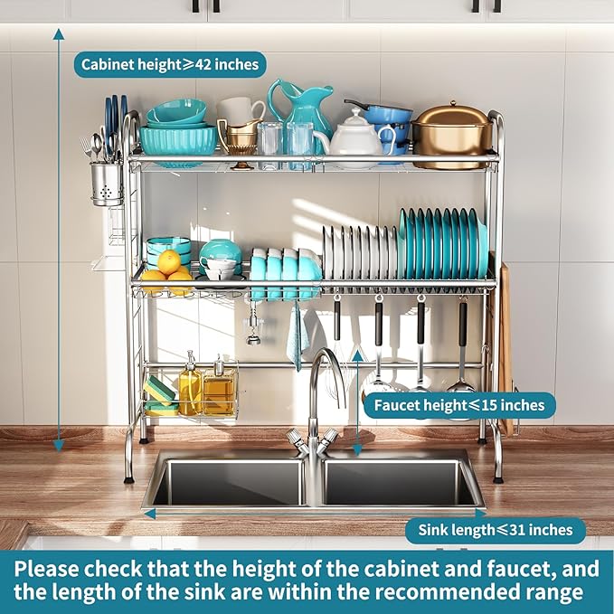 HOWDIA Over The Sink Dish Drying Rack, 3-Tier Stainless Steel Large Over The Sink Dish Rack with Utensil Holder Dish Drainers for Kitchen Counter