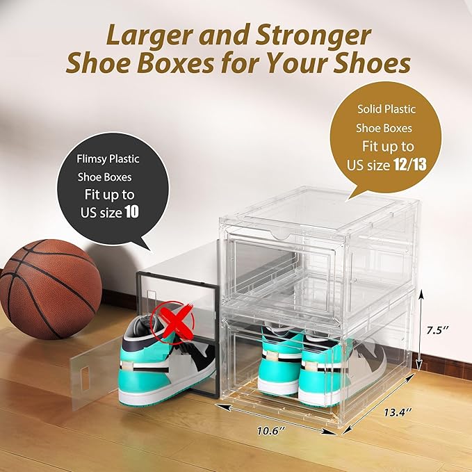 JWQ 10 Pack XX Large Thicken Sturdy Hard Plastic Clear Stackable Shoe Storage Boxes for Size 12, Sneaker Shoe Rack Containers Holders Bins Display Case Organizer for Closet, White