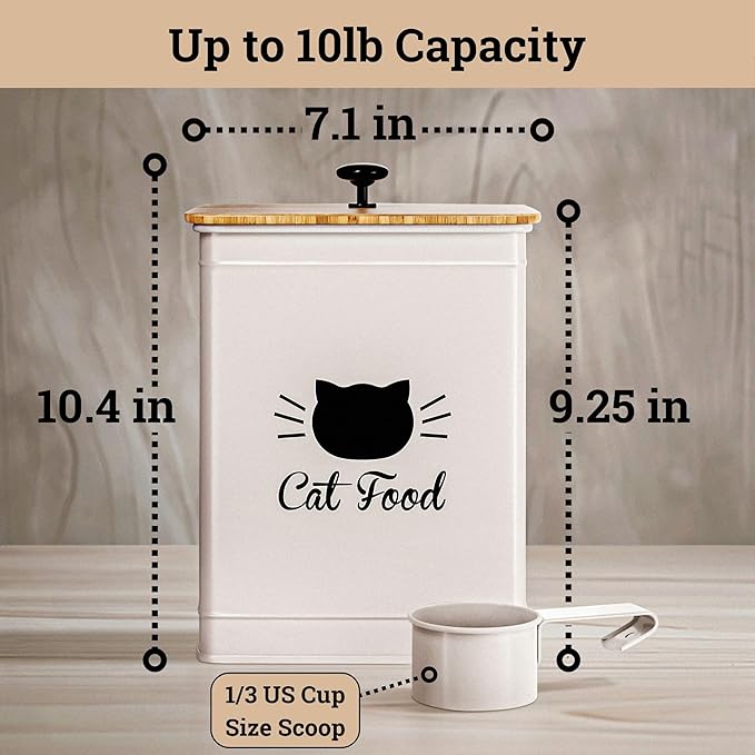 Cat Food Storage Container with Scoop - 5-7 lb (25 Cup) Capacity Metal Cat Food Container with Airtight Bamboo Lid and Metal Scoop - Airtight Pet Food Storage Containers 5 lb - 7 lb Kibble Container