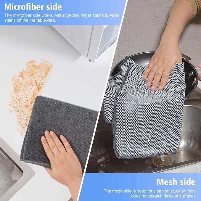 KinHwa Kitchen Washcloths for Dishes Absorbent Microfiber Dish Cloths Dish Towels for Kitchen Quick Dry Dish Rags with Poly Scour Scrub Side Ideal for Kitchen Cleaning (Gray, 15inchx25inch 6pack)