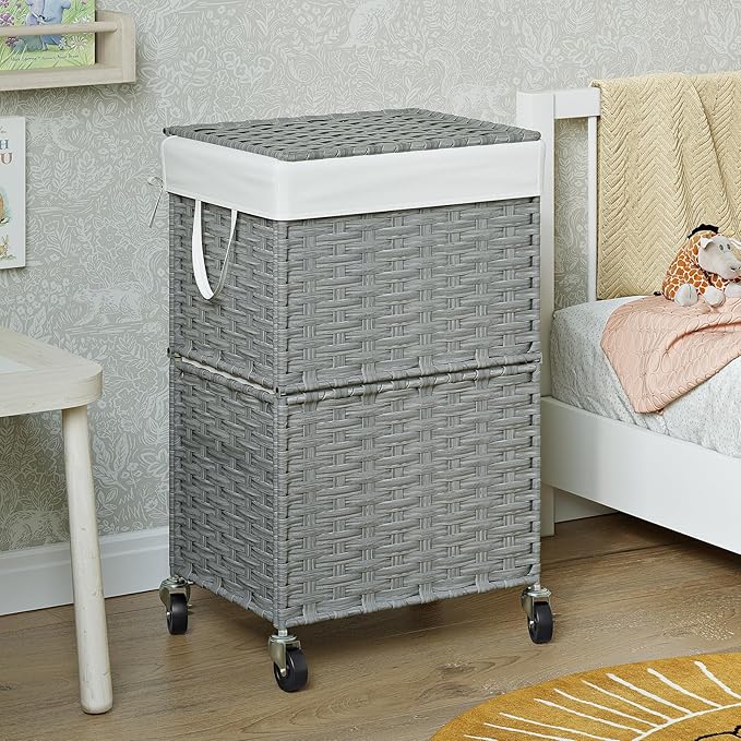 Chrislley 90L Slim Laundry Hamper with Wheels, Rolling Laundry Basket with Lid and Renovable Liner Bag, Handwoven Rattan Organizer for bedroom, bathroom, laundry room (Grey)