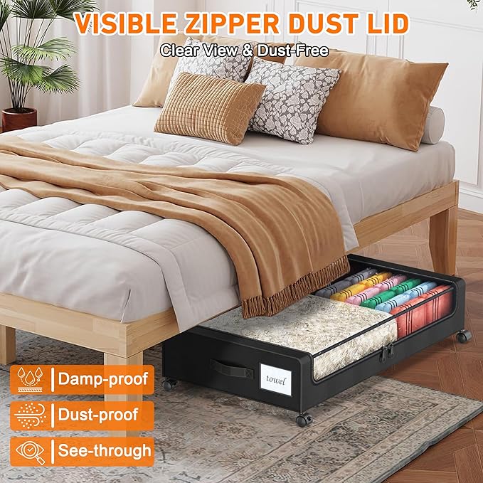 Under Bed Storage with Wheels, 4-Pack Under Bed Storage Containers with Clear Lids, XXL 60L Under the bed storage Organizer Bins, Rolling Under Bed Metal Drawer for Clothes,Shoes,Toys (Black)