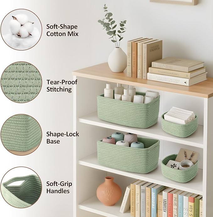 5-Pack Small Woven Rope Storage Baskets – 2 Sizes Organizer Bins for Closet, Shelf, Bookshelf, Nursery, Changing Table, Fabric Cube Boxes, Rectangular Shallow Bins for Bathroom, Toy & Home