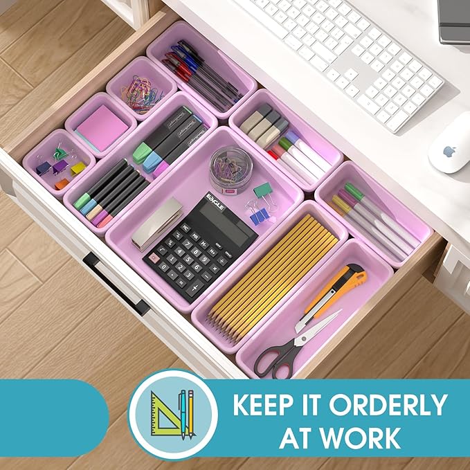 10 PCS Drawer Organizer Set, 4 Size Makeup Drawer Divider Organizer With Non-Slip Pads, Interlocking Plastic Storage Bins for Office,Jewelry Vanity,Gadgets, Bathroom,Kitchen, Purple