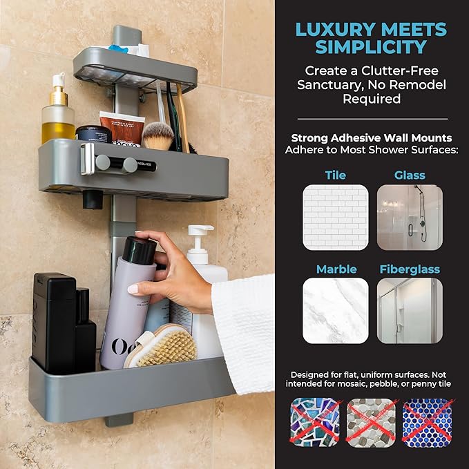 ShowerSMART Rust Resistant Hygienic Shower Caddy – Hanging Bathroom Organizer with Adjustable Shelves, Easy Clean Trays & Magnetic Hooks for DIY Remodels & Shower Niches - Graphite